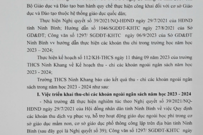 Báo cáo kết quả thu chi các khoản thỏa thuận và các khoản thu ngoài ngân sách theo quy định năm học 2023 – 2024