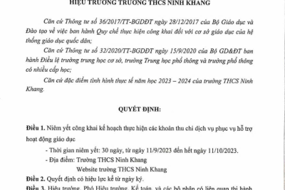 Quyết định công khai kế hoạch thực hiện các khoản thu chi dịch vụ phục vụ hỗ trợ HĐGD