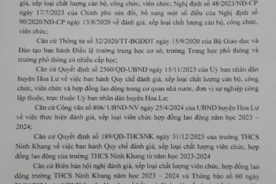 THÔNG BÁO kết quả đánh giá, xếp loại chất lượng viên chức năm học 2023 – 2024