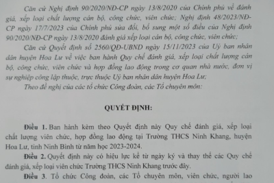 QUYẾT ĐỊNH về việc ban hành Quy chế đánh giá, xếp loại chất lượng viên chức, hợp đồng lao động của trường THCS Ninh Khangt]f năm học 2023 – 2024